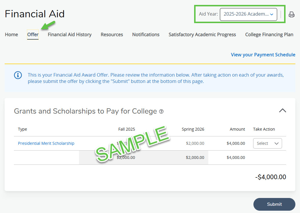 Screenshot of financial aid dashboard's award offer tab