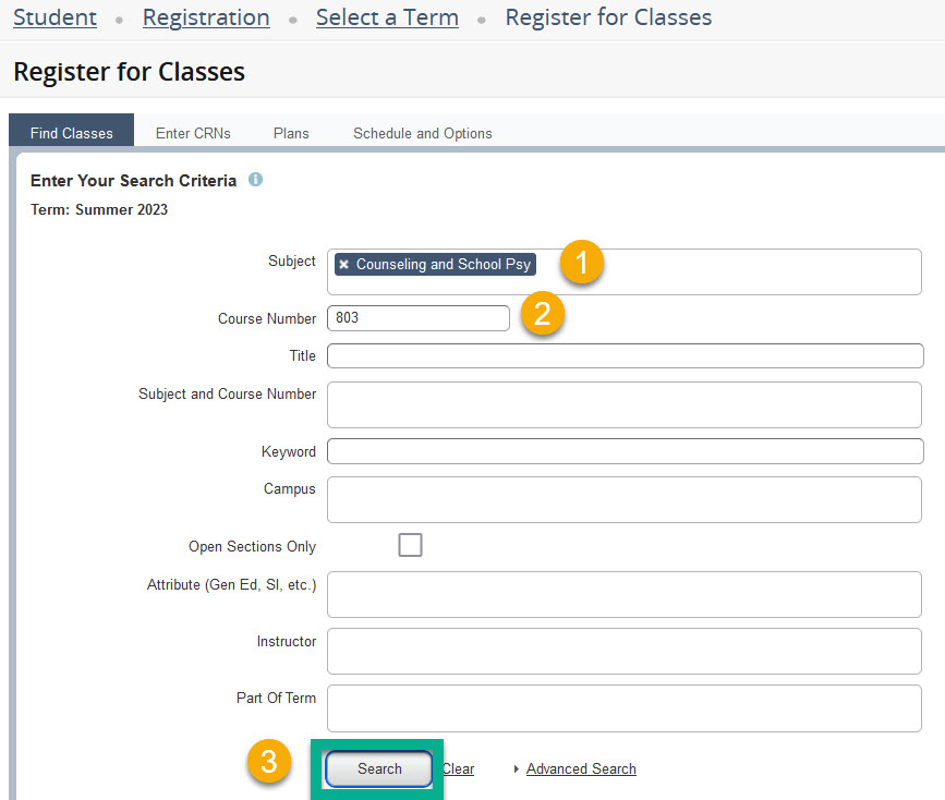 Image is the Find Classes tab of the course search tool. The student is instructed to insert the course subject (for example CESP) in the subject field, and then to enter the course number in the Course Number field (for example 803). Finally, the student is instructed to press the search button to perform the search.