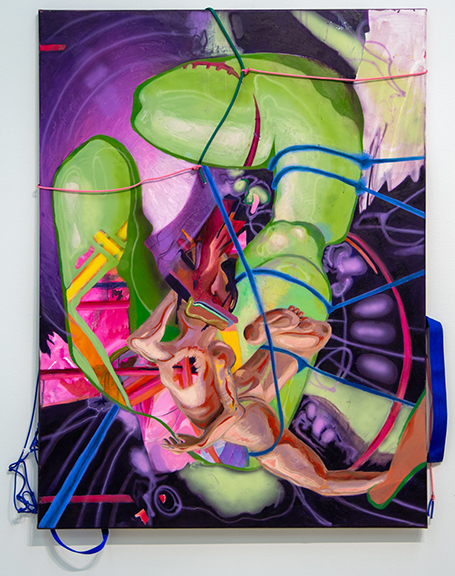 Colorful image of painting with purple and green organic shapes and string surrounding the painting.