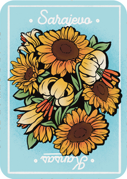 Example of playing card with blue background and sunflowers