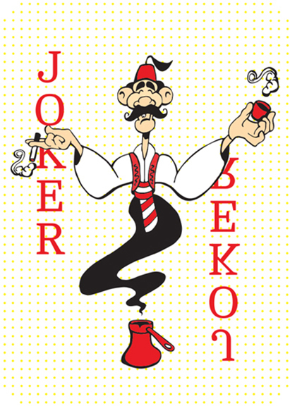 Playing card image with joker wearing a fez