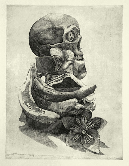 lithograph of a skull on top of fruit and dried flowers