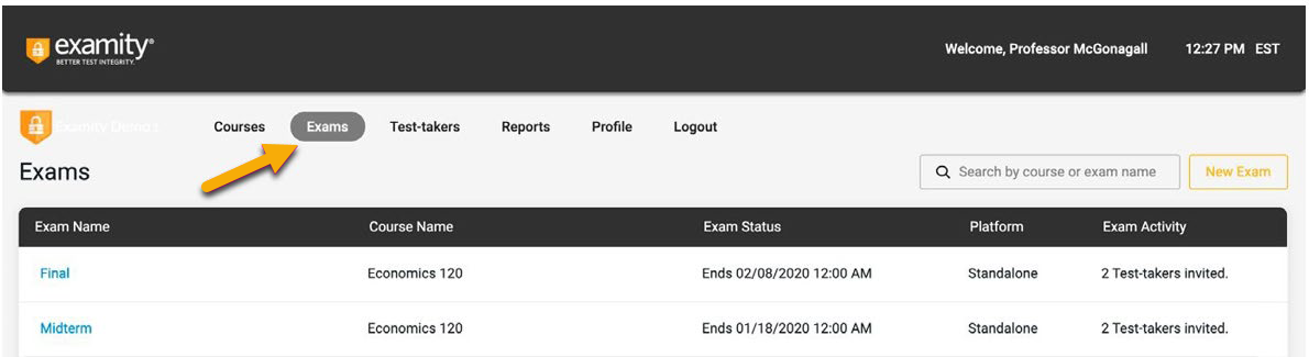 Screenshot of Examity dashboard with an arrow pointing to the "Exams" tab