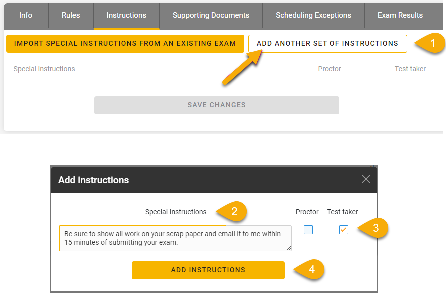 Screenshot of steps for adding instructions in Examity