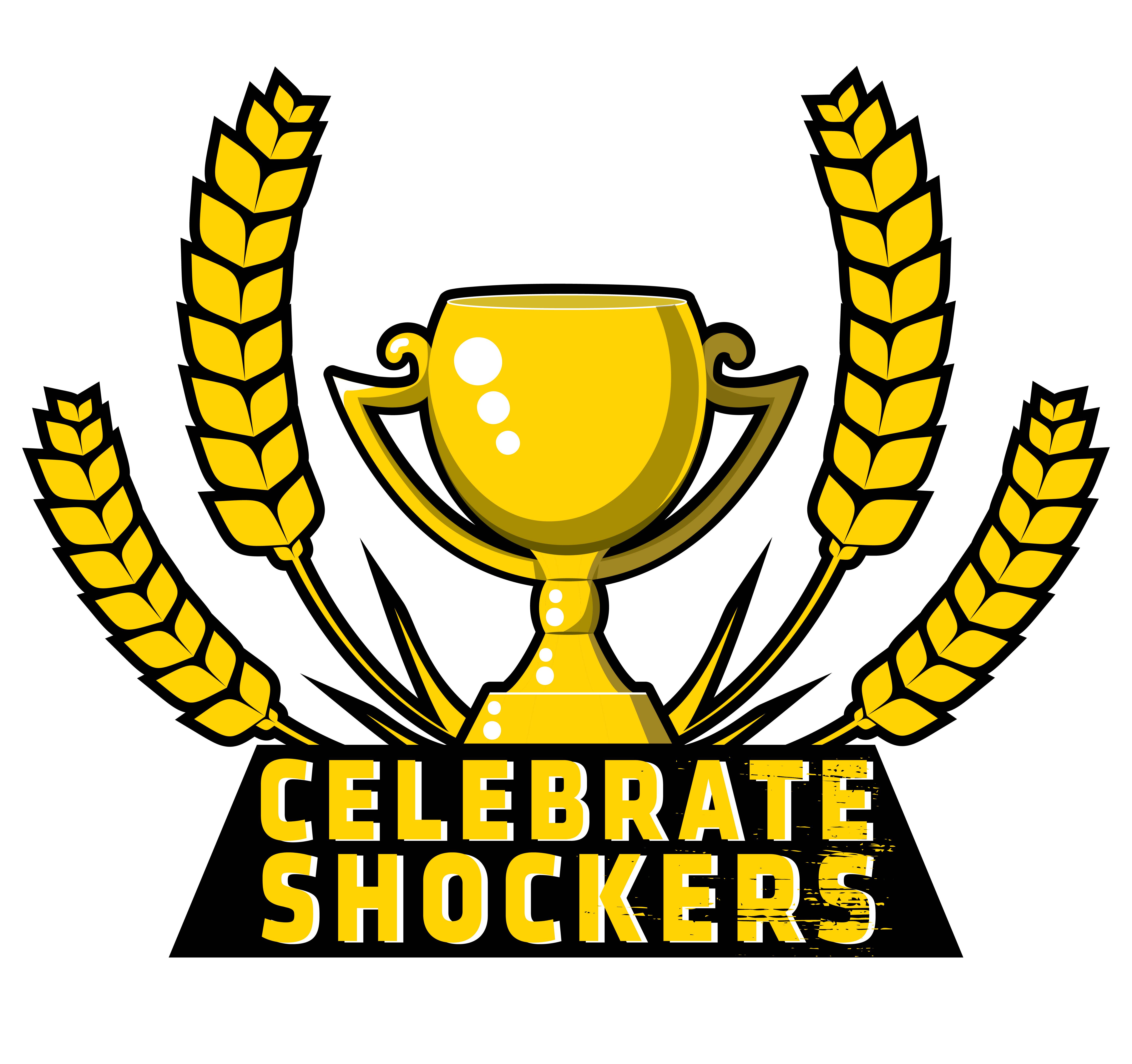 Badge graphic depicting a trophy surrounded by wheat. Text below reads: Celebrate Shockers
