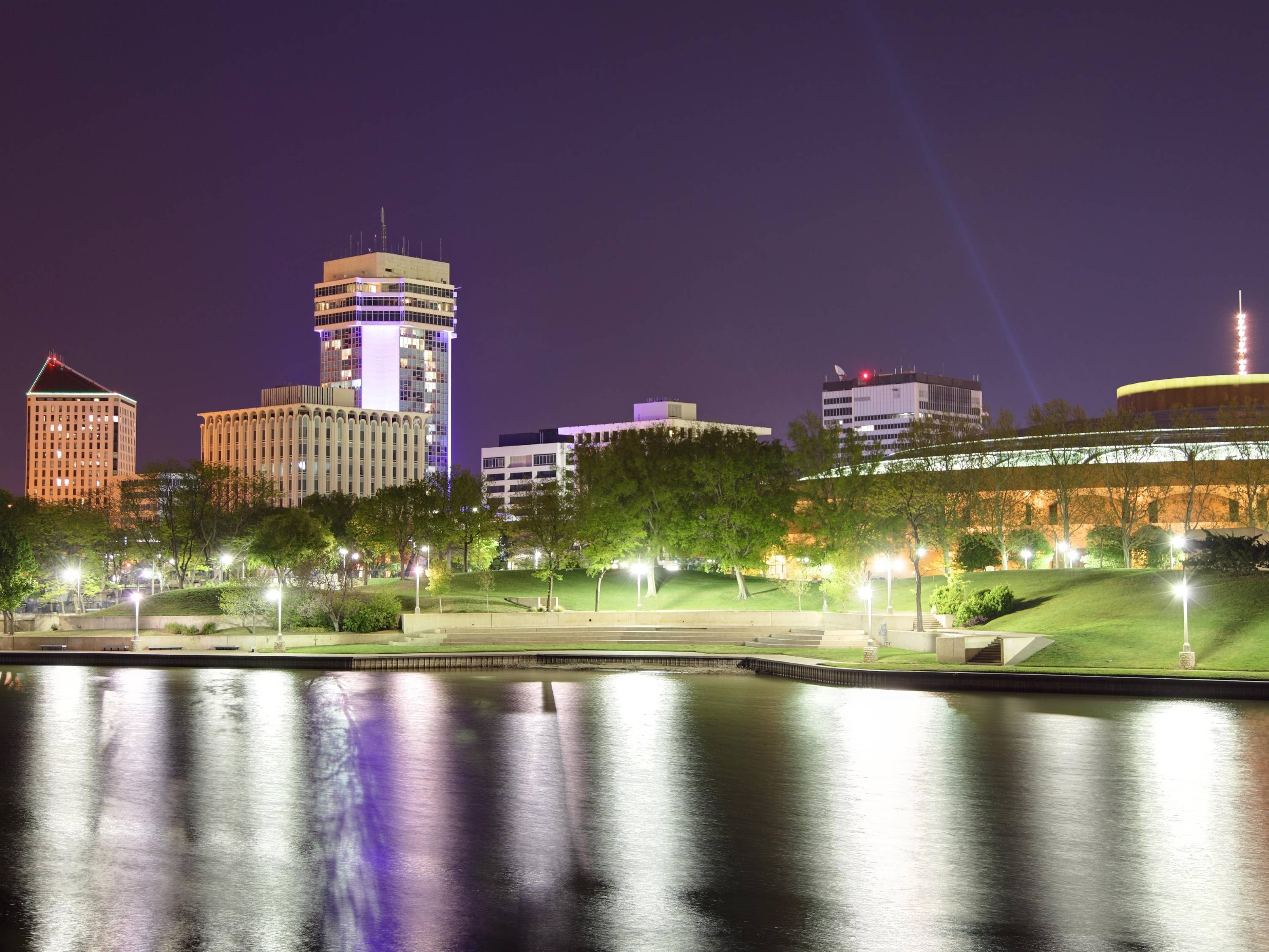 Downtown Wichita skyline with river.