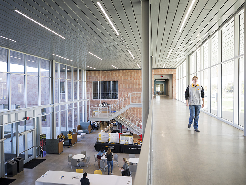 Second floor overlooking the lobby of the Experiential Engineering building.