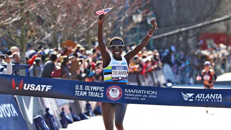 Aliphine Tuliamuk heads toward the finish line in the 2020 U.S. Olympic Marathon Trials.