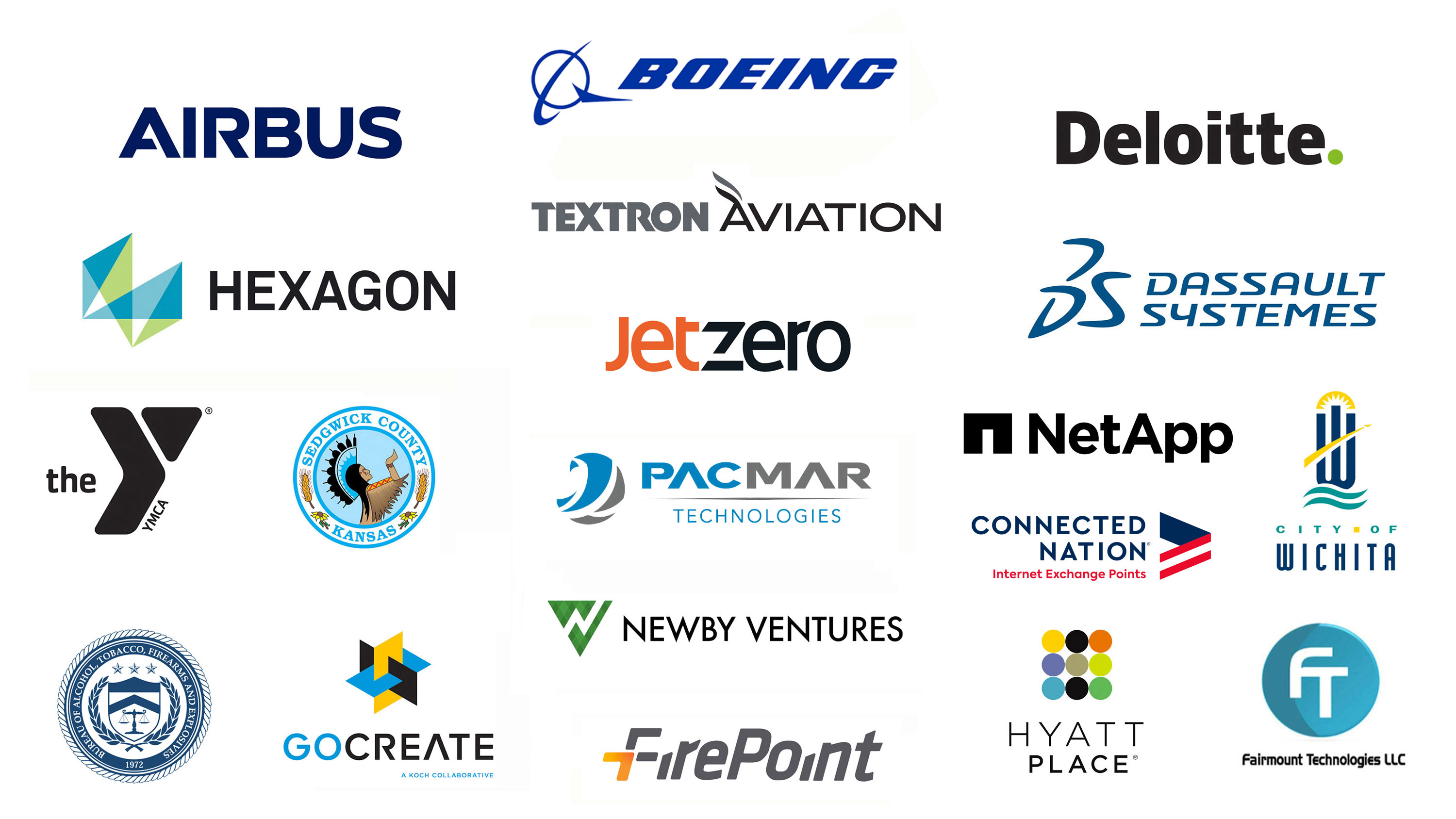 Partnership logos: Spirit Aerosystems, Fairmount Technologies LLC, Firepoint, Hexagon, Hyatt Place, GoCreate, Dassault Systems, Sedgwick County Kansas, Airbus, BCG, City of Wichita, Deloitte, NetApp, Martin Defense Group, The YMCA, Textron Aviation