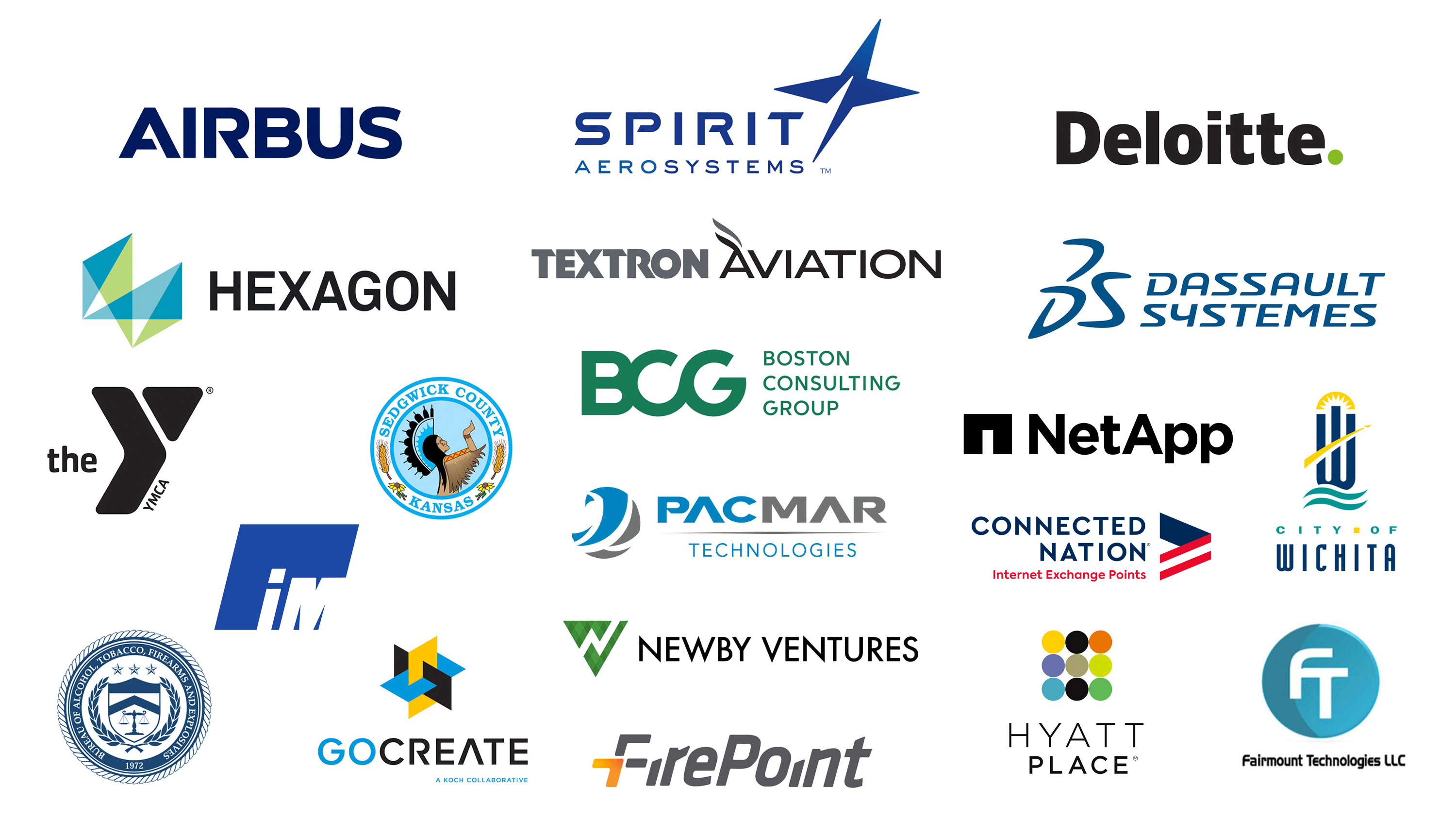 Partnership logos: Spirit Aerosystems, Fairmount Technologies LLC, Firepoint, Hexagon, Hyatt Place, GoCreate, Dassault Systems, Sedgwick County Kansas, Airbus, BCG, City of Wichita, Deloitte, NetApp, Pacmar Technologies, The YMCA, Textron Aviation