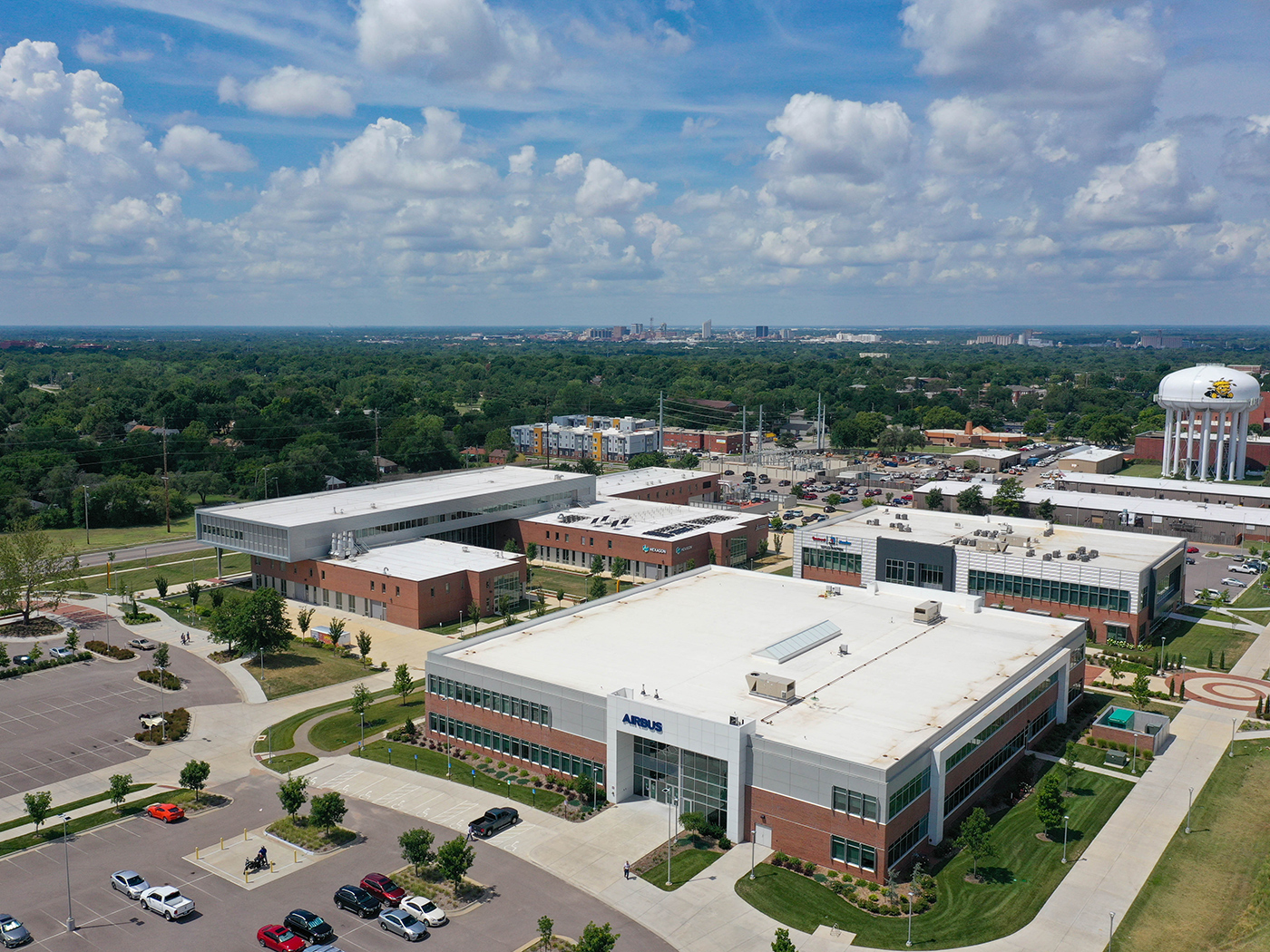 Aerial view of the innovation campus looking southwest toward downtown Wichita.