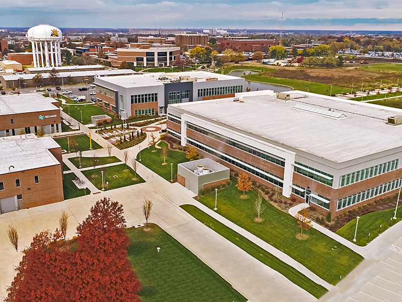 Aerial view of Innovation Campus looking west toward water tower
