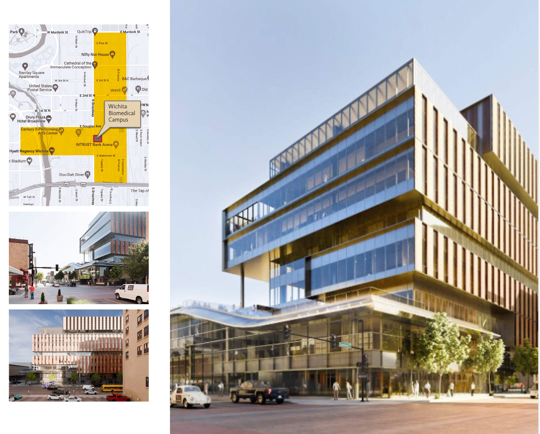 Wichita Biomedical Campus renderings and map of Biomedical Corridor