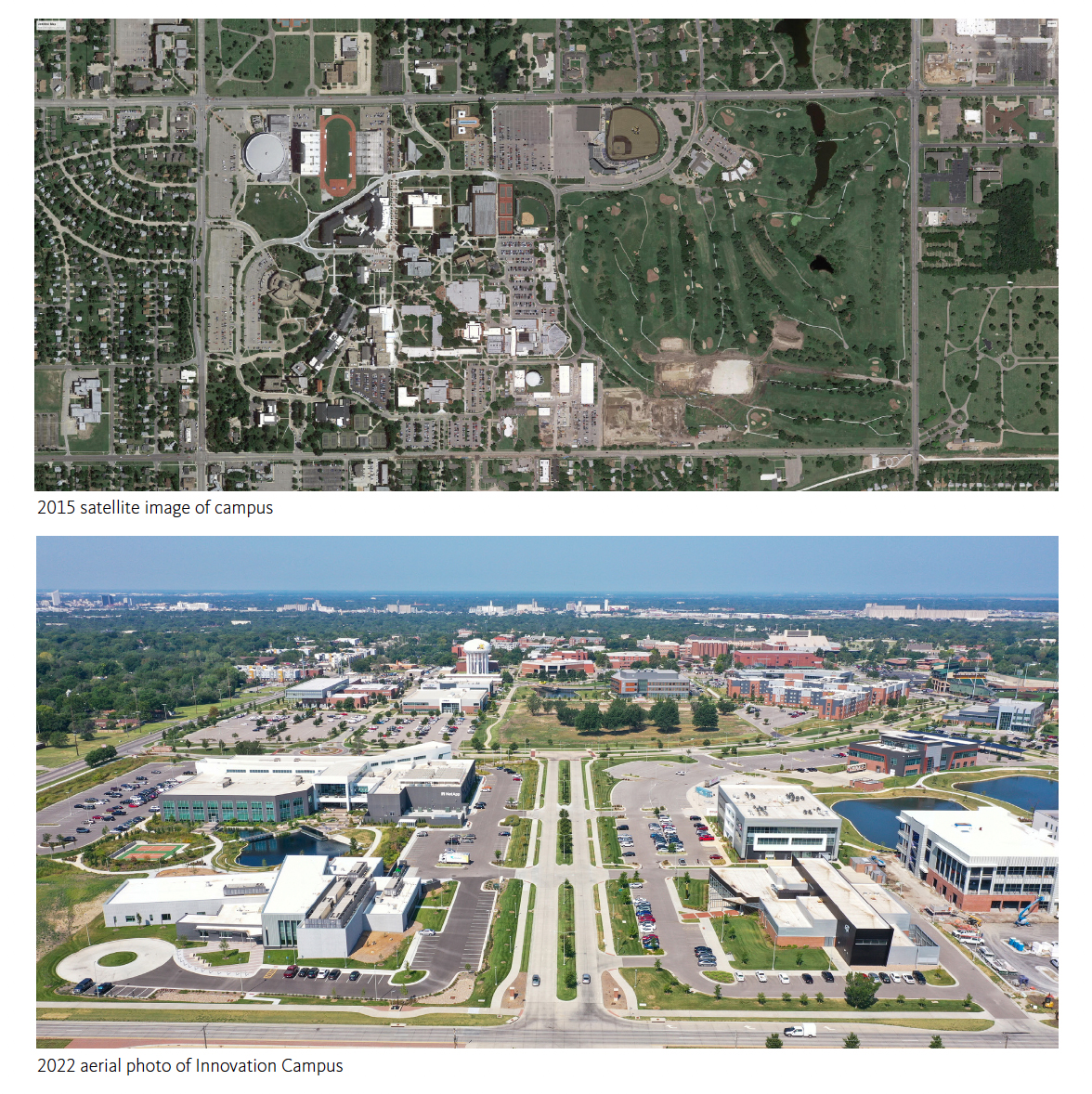 Aerial photos of the campus from 2015 and of the Innovation Campus in 2022