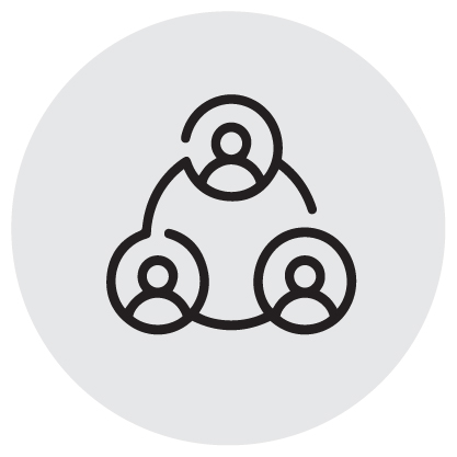 black icon of 3 connecting people with grey background