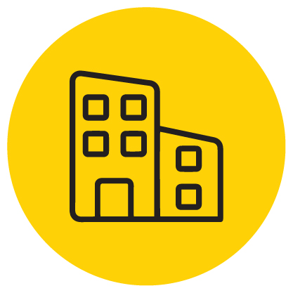 black icon of a building on a yellow background