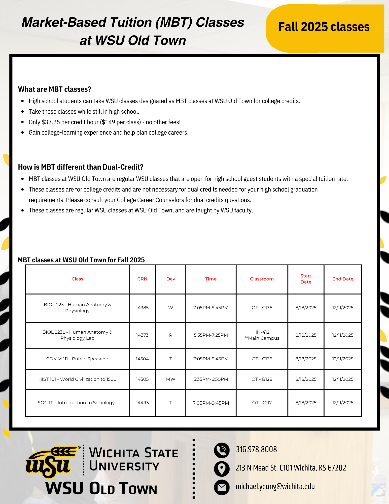 MBT classes at WSU Old Town for fall 2025 MBT classes at WSU Old Town for fall 2025