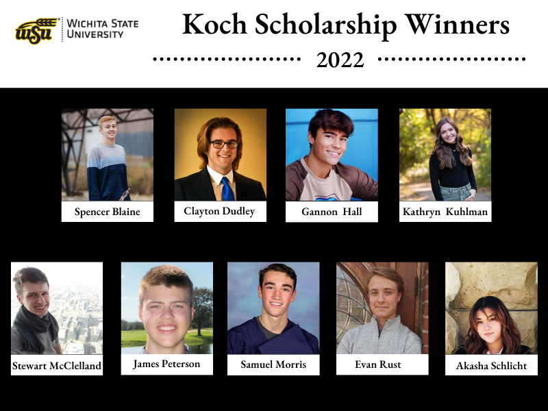 Picture of all eight Koch Scholars: Spencer Blaine Clayton Dudley Gannon Hall Kathryn Kuhlman Stewart McClelland Samuel Morris James Peterson Evan Rust Akasha Schlicht.