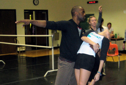 WSU dancers (l-r) Maurice Sims (Oz), Stephanie Cunningham (Light Witch) and Lyndsey Barnett (Dorothy)  rehearse for 