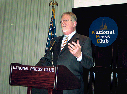 Dean Headley, associate professor of marketing at the W. Frank Barton School of Business at Wichita State University and co-author of the Airline Quality Rating, addresses the media at the National Press Club in Washington.