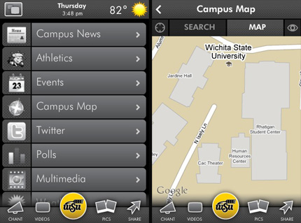 The home screen, left, and campus map screens from the Wichita State University iPhone app. The app uses Google Maps data to create a scalable map of campus.