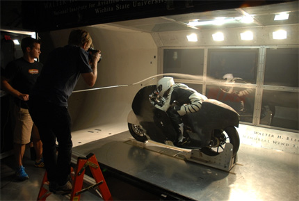 Leslie Porterfield, a record-setting motorcyclist, recently conducted testing in the Walter H. Beech Wind Tunnel at WSU's National Institute for Aviation Research.