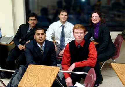 Team members Tapan Thakur, Chris McGlothlin and Amy Lueking (back row); and Amit Karna and Brian Chambers (front row), worked together in their senior design class. Lueking now works as a civil engineer for Professional Engineering Consultants.