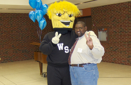 James Mitchell, always an enthusiastic Shocker who enjoys a chance to hang out with WuShock, is working on a double major in communications/radio broadcast and graphic design/studio art/photography. His art exhibit 