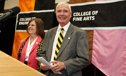 John William Bardo and his wife, Deborah, at the news conference announcing him as the 13th president of Wichita State University.