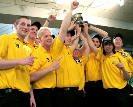 The Wichita State men's bowling team celebrate after winning the 2008 Intercollegiate Team Championships Saturday, April 19.