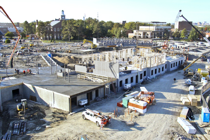 Construction on the new Shocker Hall residence facility is on schedule and will be finished in August 2014.