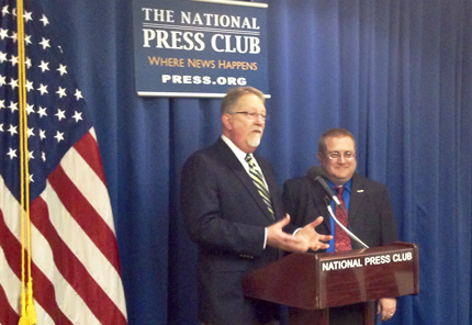 Wichita State's Dean Headley, left, speaks alongside Embry-Riddle's Brent Bowen during the annual Airline Quality Rating news conference in Washington, D.C.