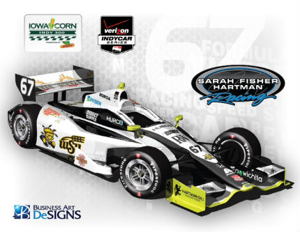 The Wichita State and WuShock logos will appear on this car at an IndyCar Series race in Iowa.