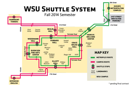 The 2014 WSU Shuttle System map features four new stops on the main campus.