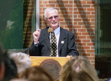 WSU President John Bardo addresses the crowd at the Shocker Hall dedication ceremony Thursday, Aug. 14.