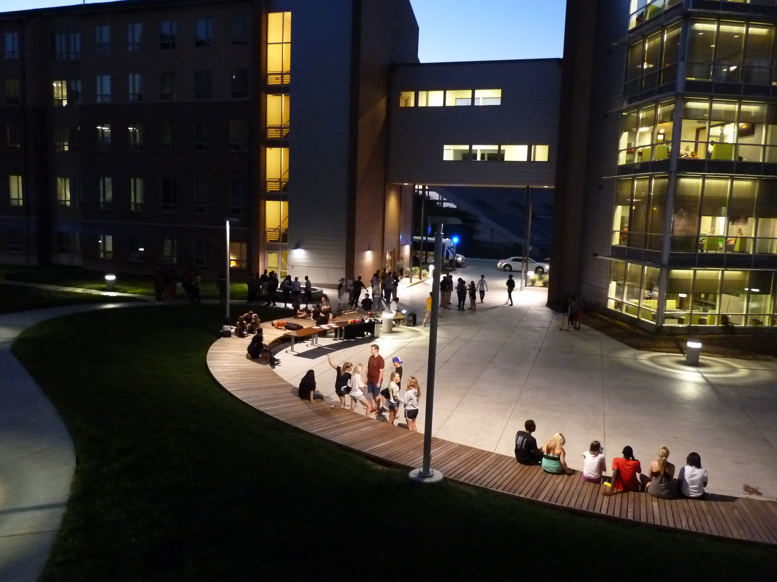 Wichita State students gather in the Shocker Hall courtyard to socialize and relax.