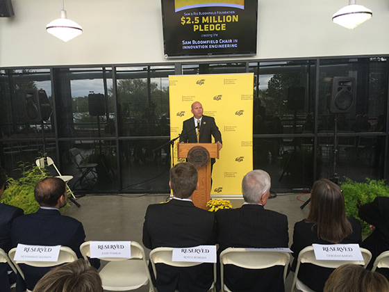 John Tomblin, WSU's vice president for research and technology transfer, spoke at the news conference announcing a $2.5 million pledge to create the Sam Bloomfield Chair in Engineering Innovation.