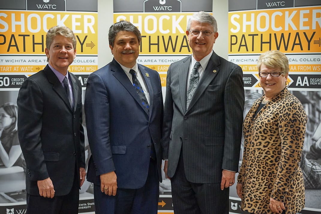 From left: Tony Kinkel, Tony Vizzini, KBOR President Andy Tompkins and Sheree Utash, vice president of academic affairs for WATC.