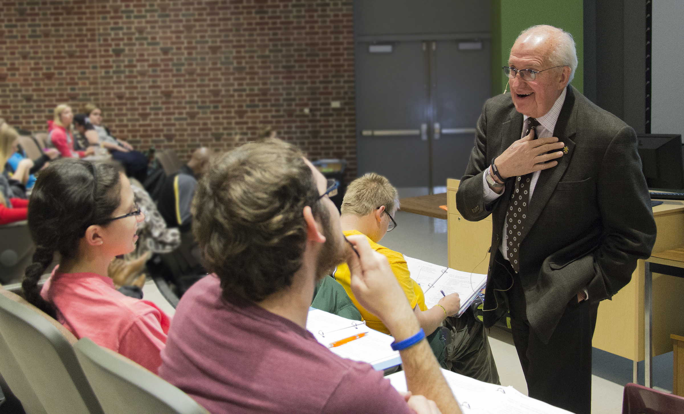 Ronald Matson, dean of the Fairmount College of Liberal Arts and Sciences, lectures in his Men and Masculinity class.  Matson has taught the class at WSU for 35 years, and edited the textbook used in the class.