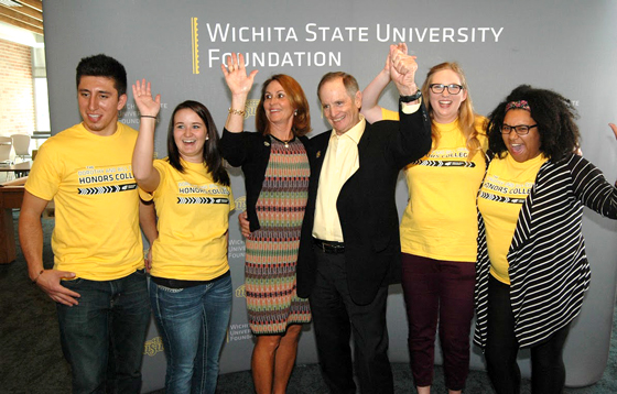 Dorothy and Bill Cohen pose with Wichita State University students. The Cohens' gift of $5 million will support the newly christened Dorothy and Bill Cohen Honors College and University Libraries.