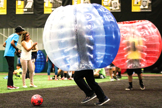 Wichita State took part in bubble soccer, a version of the game played while wearing inflatable bubbles Friday at Bombardier Learjet Indoor Practice Facility.