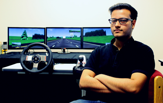 Engineering student Utkarsh Ranjan in WSU's Human Automation Interaction Lab. Ranjan is leader of team representing WSU that has advanced to the second round of the international Valeo Innovation Challenge.