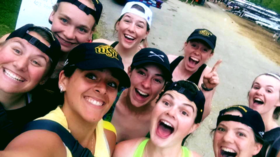 Three Shocker Rowers join their team members for a selfie after being named All-Americans by the American Collegiate Rowing Association.