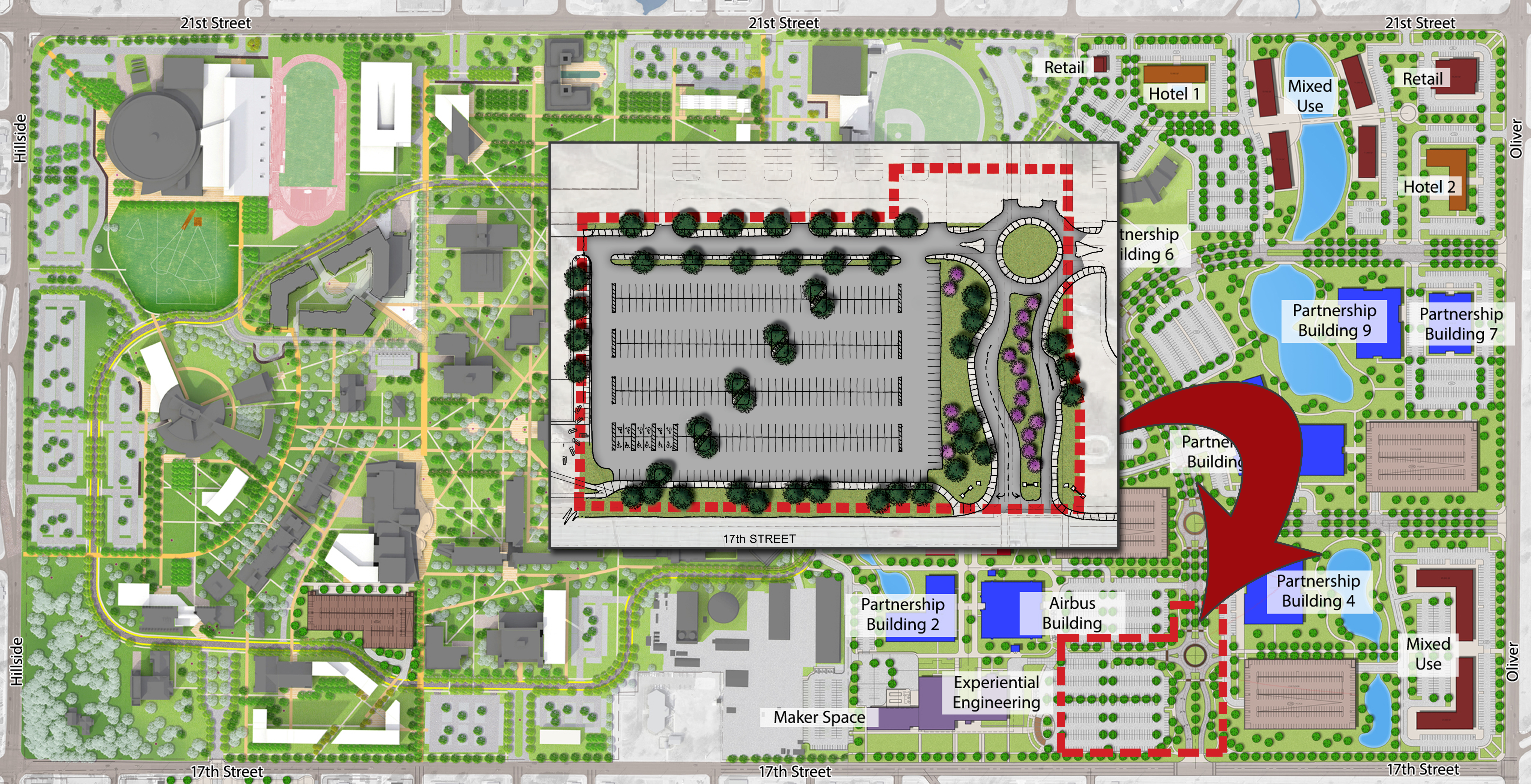 The grant from the EDA will fund the construction of roads and parking that will provide access to the Innovation Campus including an access road to the west of the Experiential Engineering Building.