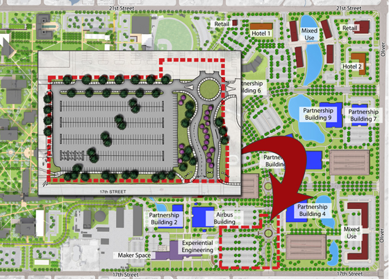 The grant from the EDA will fund the construction of roads and parking that will provide access to the Innovation Campus including an access road to the west of the Experiential Engineering Building.