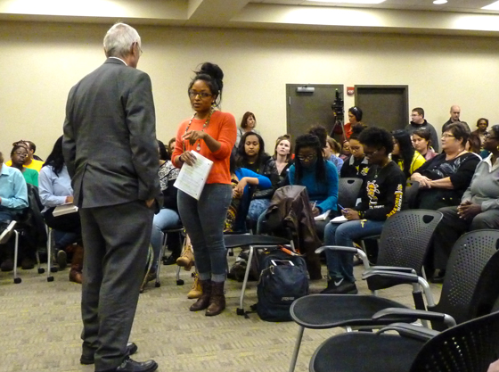 WSU President John Bardo speaks with students, faculty and staff during an open forum on diversity.