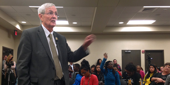 WSU President John Bardo speaks with students, faculty and staff at a recent forum on campus diversity.