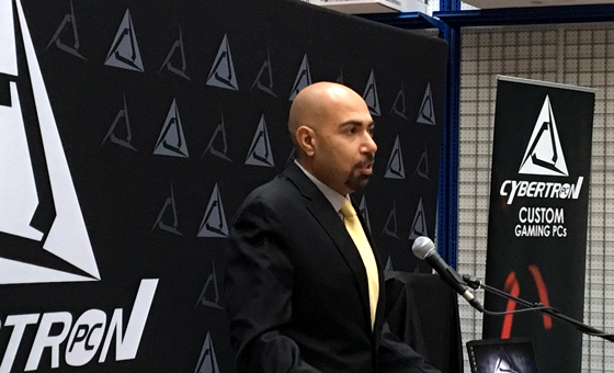 Cybertron CEO Ahmed Aziz spoke during the announcement of Cybertron's $2.5 million pledge to Wichita State in support of the Experiential Engineering Building.