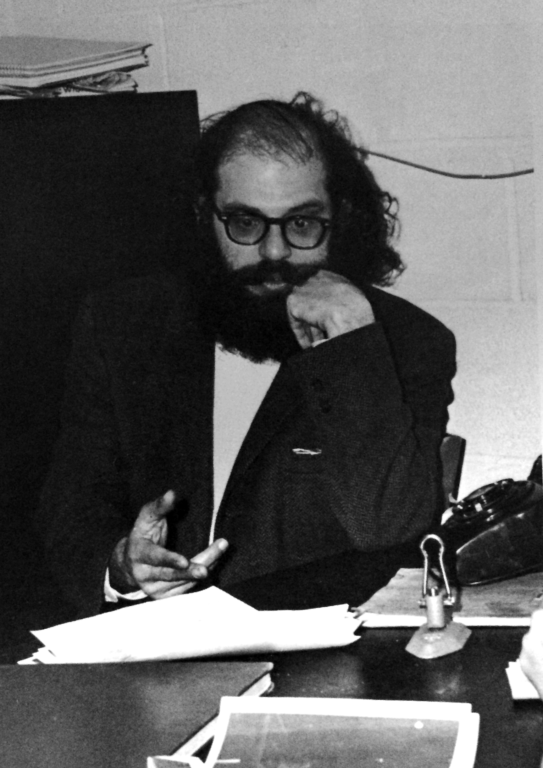 A photo of famed Beat poet Allen Ginsberg during his visit to Wichita State in 1966. The Parnassus yearbook reported that 