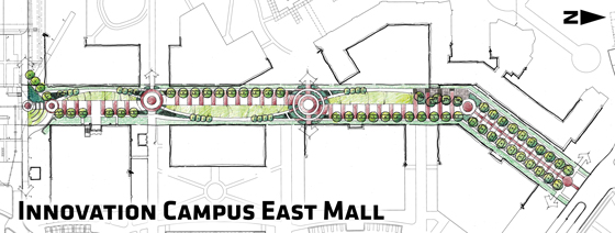 A pedestrian mall, part of phase two construction on the Innovation Campus, will run north from the Experiential Engineering Building on 17th Street to the Woodman Alumni Center.